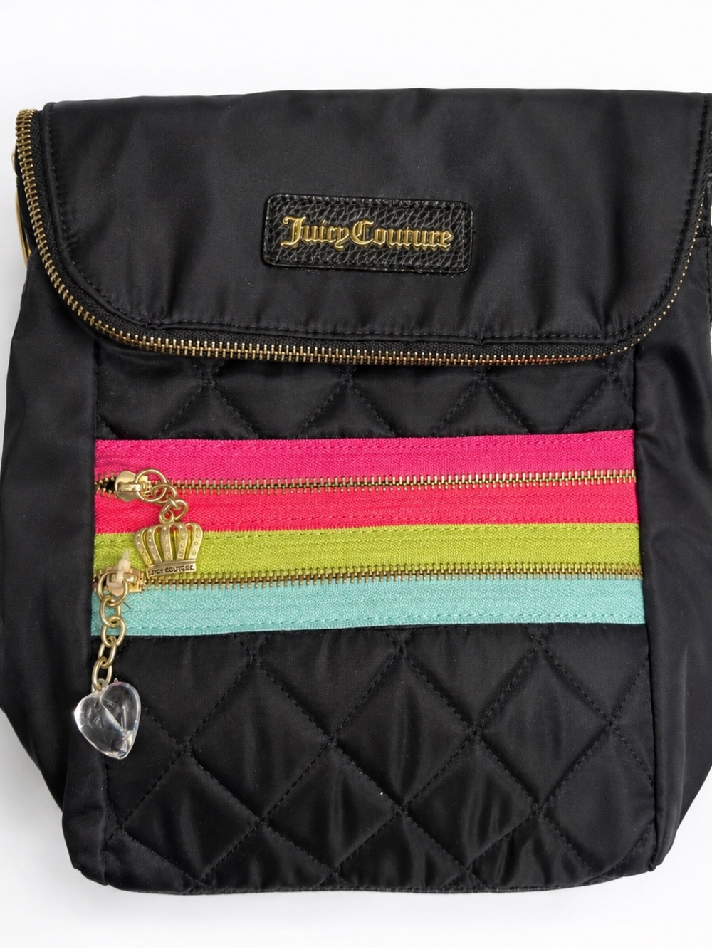 Juicy Couture Black Quilted Backpack with Pink, Lime & Aqua Stripes